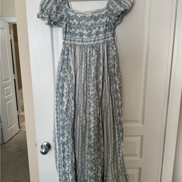 Light Blue Floral Puff Sleeve Lace Trim Maternity Maxi Dress - Picture 4 of 4
